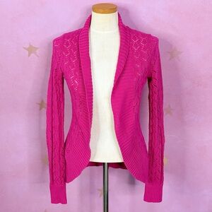 Annabella Sweater Women’s Medium Raspberry Fushia Pink Lace Knit Open Front